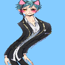 A distorted anime boy with cat ears and a blushing face wearing a suit.