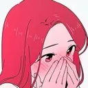 Girl with pink hair blushing and covering her mouth with her hands in embarrassment.