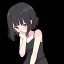Anime girl with short black hair covering her mouth with her hand while blushing.