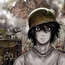 L from Death Note wearing a military helmet with a wide-eyed, traumatized expression against a blurry war background.