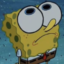 SpongeBob with wide, dilated eyes staring blankly forward.