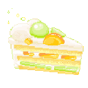A pixel art slice of cake topped with green and yellow fruit pieces and cream.
