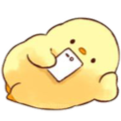 A small yellow duckling lying down and looking at a white smartphone screen.
