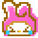 My Melody wearing a pink hood with large blue tears streaming down her face in a pixel art style.