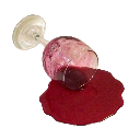 A glass of red wine tipped over with liquid spilling out onto the surface.