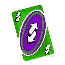 Uno reverse card with a green border and purple center featuring white arrows.