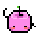 A pink fruit-like character with a small green stem waving its arm.