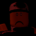 Roblox character head with a sad expression illuminated in dark red light.