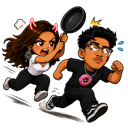 A girl with devil horns chasing a boy while holding a frying pan in a cartoon style.