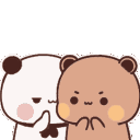 Bubu and Dudu bears whispering to each other with mischievous expressions.