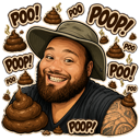 A man in a safari hat smiling broadly while surrounded by floating poop icons and text bubbles that say POOP.