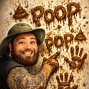 A man with a beard and hat smiling while pointing at a wall covered in brown handprints and the word poop.