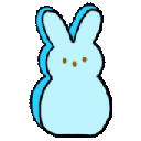 Four colorful marshmallow bunnies in blue, yellow, pink, and purple standing in a row.