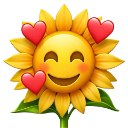 Sunflower with a smiling face surrounded by three red hearts.