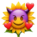Sunflower with a purple devil face, horns, and red hearts floating around it.