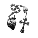A dark pixelated rosary featuring a skull bead and a heart-shaped charm.