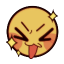 Yellow emoji face with a mischievous expression, closed eyes, and tongue sticking out with sparkling accents.