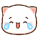 Goma the white cat with a wide open mouth and blue teardrops under its eyes, laughing hysterically.