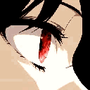 Anime eye transitioning from a sharp side-glance to a direct stare with a heart-shaped pupil.