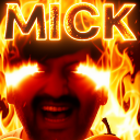 A man with eyes emitting bright orange flames and the word MICK written in bold letters above his head.