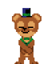 A brown pixel art bear wearing a blue top hat and green vest dancing happily.