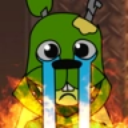 A green rabbit character with large, flowing blue tears on its face, positioned in front of bright orange flames.