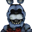 Animatronic rabbit with empty black eye sockets and a wide, toothy grin stares forward.