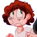A cartoon character with brown curly hair and green eyes looking sideways with a nervous, uncomfortable expression.