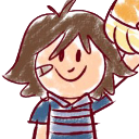 A cartoon boy with brown hair and a bandage on his cheek smiling broadly.