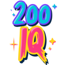 The text 200 IQ written in bright blue and pink neon colors with sparkling star accents.