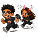 A man and a woman running away together, with the woman wearing devil horns.