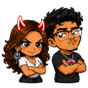 A girl with devil horns and a boy with glasses standing side by side with arms crossed and smug expressions.