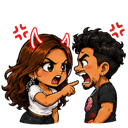 A man and a woman with devil horns shouting at each other in an anime art style.