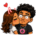 A girl with red devil horns kissing a shocked man with glasses on the cheek.