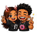 A girl with devil horns and a boy with a donut necklace both smiling and making peace signs.