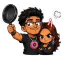 A man holding a frying pan stands next to an angry woman with glowing red horns.