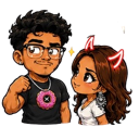 A man with glasses and a donut necklace standing next to a woman with long hair and glowing red devil horns.