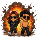 A man and a woman wearing sunglasses walk away from a large fiery explosion in a chibi art style.