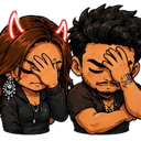 A man and a woman with devil horns performing a synchronized facepalm in an anime art style.