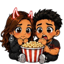 A cute chibi couple with a girl wearing devil horns and a boy looking shocked, both holding a bucket of popcorn.