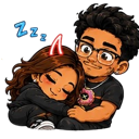 A girl with small red devil horns sleeping peacefully while being hugged by a boy wearing glasses.