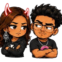 A woman with glowing red devil horns and a man with glasses looking at each other with annoyed, judgmental expressions.