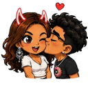 A girl with glowing red devil horns winks while a boy kisses her on the cheek with a heart floating above them.