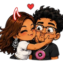 A girl with small red devil horns playfully squishing the cheeks of a boy with glasses.
