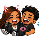 A girl with devil horns and a boy laughing together in a cute chibi anime style.