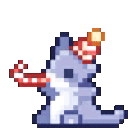 A small purple dragon wearing a striped party hat blows a red party horn in a repeating animation.