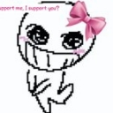 A white line-art doodle character with a wide, toothy grin and a pink bow on its head.