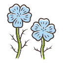 Two light blue flowers with green stems and brown thorns stand side by side in a pixel art style.