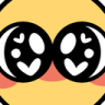 Two large, round eyes with heart-shaped pupils staring directly forward with a pink blush underneath.
