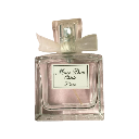 A square glass perfume bottle with a small bow and a label reading Miss Dior.